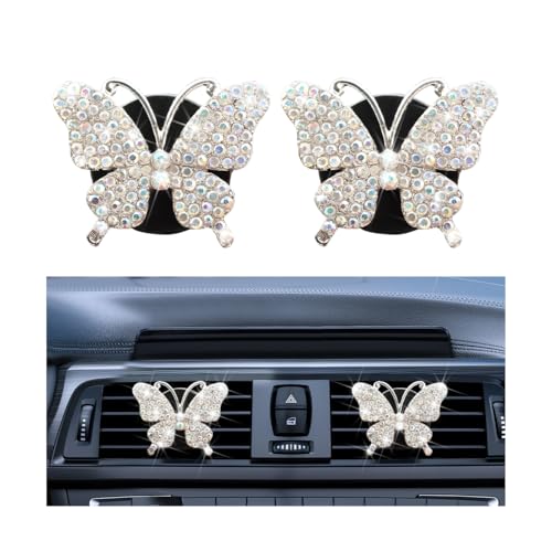 Bittwee 2PCS Bling Butterfly Car Freshener Air Vent Clips, Sparkling Crystal Rhinestone Auto Diffuser Clamps, Full Diamond Vehicle Interior Decoration Charm for Women Girls, Universal Fit（AB） - color: AB