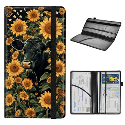 Car Registration and Insurance Holder for Women Men,Automobile License Document Card Holders Vehicle Glove Box Organizer Leather Accessories Driver Essential,Black Cow Sunflower - color: Black Cow Sunflower