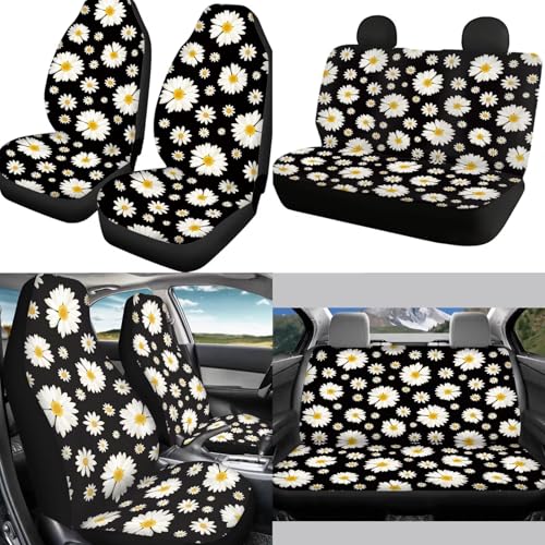 Daisy Flower Print Car Seat Covers Full Set 12 Pcs Car Accessories Set for Cars Seat Covers Armrest Cushion Cup Holders Headrest Cover Steering Wheel Cover for Women - color: Black Daisy