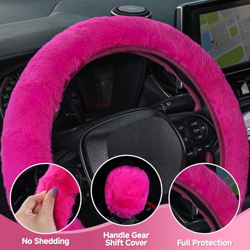 SEG Direct Furry Car Steering Wheel Cover with Gear Shift Cover, Soft and Warm, Cute Fluffy Auto Decor for Women Men, Standard Size, 2 PCS Set, Magenta - color: Magenta