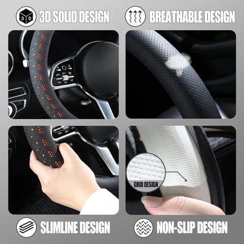 3D Premium Skin-Feel Leather Small Car Steering Wheel Cover, Anti-Slip Breathable Soft Slim Design, 13.5 inch to 14 inch, Black with Orange - color: Black with Orange, size: Round-Small[13.5''-14'']