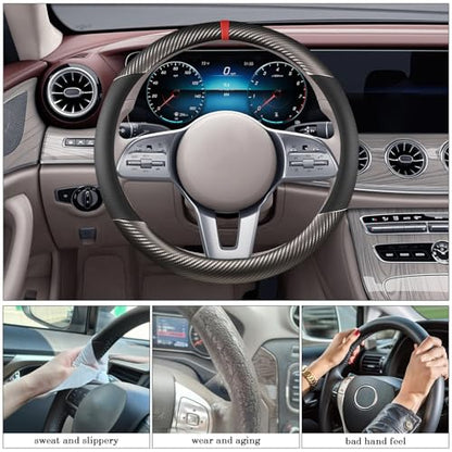 Black & Grey Carbon Fiber Leather Steering Wheel Cover, Microfiber Leather, Anti-Slip, Breathable, Universal Fit for 14.5–15 in Steering Wheel Cover for Men Women - color: Splicing Carbon Fiber - Black and Grey