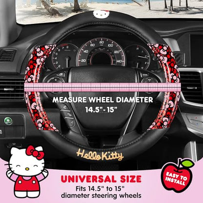 Hello Kitty Steering Wheel Cover Official Sanrio Car Steering Wheel Cover 14.5-15.5 Universal Fit Cute Black Kawaii Car Accessories Non Slip Wheel Cover Women Interior Style (Hello Kitty Bows) - style: Hello Kitty Bows