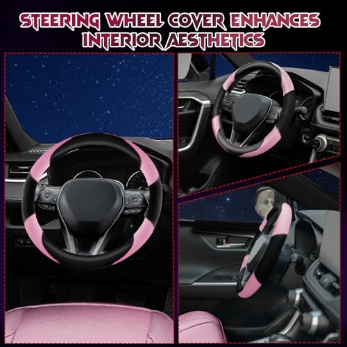 Soft Leather Steering Wheel Cover with Breathable Design and Anti-Slip Grip, Fully Compatible with Tesla, Toyota, Honda, Nissan 14.5-15.2 inch Round Steering Wheel（Sedans and SUVs） - color: DOUBLE-PINK