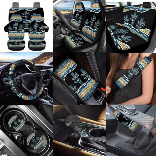 Dreaweet Car Seat Covers Full Set with Steering Wheel Cover Armrest Pad Covers Seat Belt Pads Cup Holders Handbrake Cover Set of 12 Aztec Cactus Car Accessories Interior Universal for SUV Trucks Sedan - color: Aztec Cactus