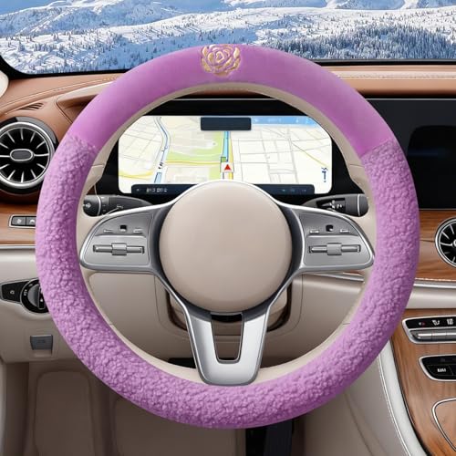 Purple Camellia Lambswool Steering Wheel Cover, for Universal Auto Steering Wheel 14.5-15 in, Lambswool Fabric, Anti-Slip, Soft Plush, Comforting and Luxurious, Embroidery Patterns, Soft Texture - color: Purple