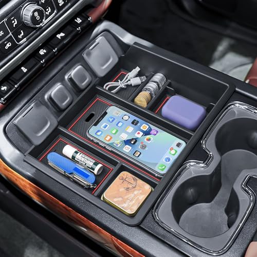 Console Organizer Compatible with 2014-2018 Chevy Silverado/GMC Sierra 1500 and 2015-2019 Silverado/Sierra 2500HD/3500HD Accessories Compartment Insert Tray - Full Console w/Bucket Seats ONLY - color: Red Trim