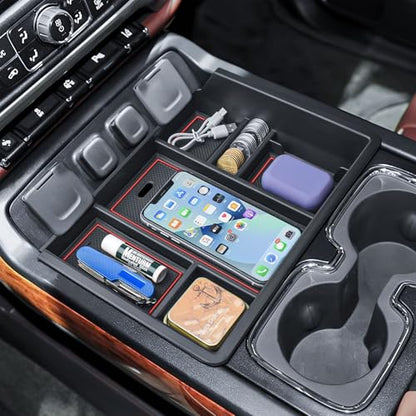 Console Organizer Compatible with 2014-2018 Chevy Silverado/GMC Sierra 1500 and 2015-2019 Silverado/Sierra 2500HD/3500HD Accessories Compartment Insert Tray - Full Console w/Bucket Seats ONLY - color: Red Trim