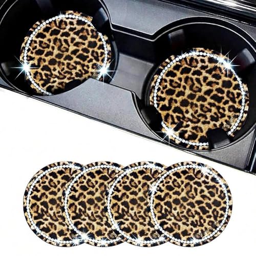 Leopard Car Coasters for Cup Holders, 4 Pack Silicone Cheetah Car Cup Holder Insert Coasters, 2.75" Universal Non-Slip Cup Holder Coaster, Car Interior Accessories for Women (Yellow)