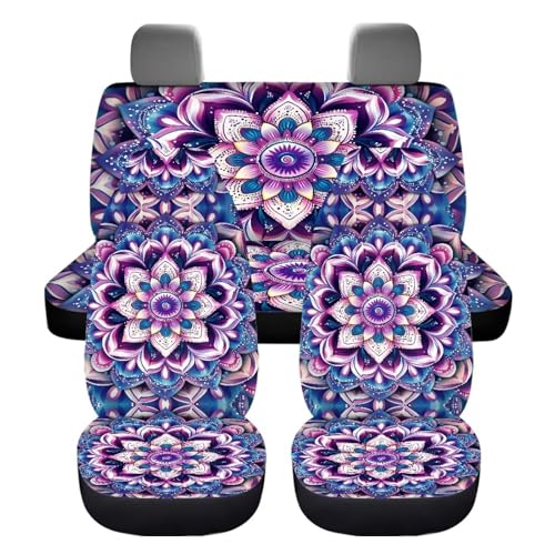 Mandala Car Seat Covers Full Set of 4 Pcs,Hippie Lotus Car Accessories Set Boho Hippie Floral Print Vehicle Bucket Sea Pad Breathable Split Bench Seat Pads for Women Girly - color: Mandala