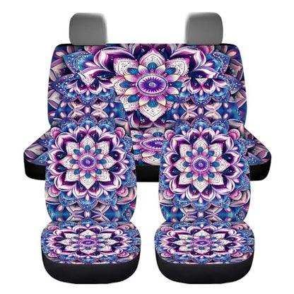 Mandala Car Seat Covers Full Set of 4 Pcs,Hippie Lotus Car Accessories Set Boho Hippie Floral Print Vehicle Bucket Sea Pad Breathable Split Bench Seat Pads for Women Girly - color: Mandala