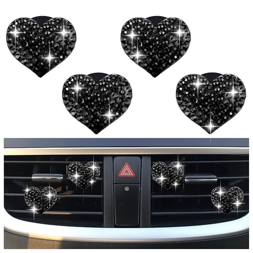 4PCS Heart-Shaped Car Vent Clips with Rhinestone,Bling Air Vent Clips Car Decorations,Premium Shiny Car Clips for Vents Accessories Interior (Black) - color: Black
