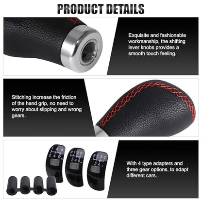 Universal 5/6 Speed Leather Car Racing Gear Shift Shifter knob,Artificial Leather and ABS Black Stitching Shift Knob with 4 Adapters,Replaceable 3 Gear Position Pastors(Black+Red Line) - color: 5/6 Speed Leather(Black+Red Line)