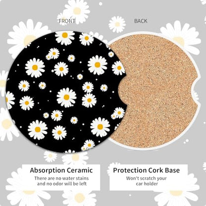 2 Pack Universal Ceramic Car Coasters，Ceramic Stone with A Finger Notch for Easy Removal of Car Cup Holder Coaster(Daisy Black) - color: Daisy Black