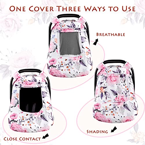 Floral Baby Carseat Cover Girls, Pea Pod Infant Car Seat Covers Canopy for Newborn with 2 Layers Windows of Breathable Mesh/Fabric, Lightweight Polyester/Minky Dot Backing, Snug Fit Most Baby Car Seat