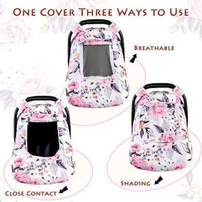 Floral Baby Carseat Cover Girls, Pea Pod Infant Car Seat Covers Canopy for Newborn with 2 Layers Windows of Breathable Mesh/Fabric, Lightweight Polyester/Minky Dot Backing, Snug Fit Most Baby Car Seat