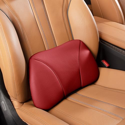 Genuine Leather Lumbar Support Pillow,Back Pain Relief Cushion,fits Tightly Around Waist,Real Cowhide,Memory Foam,fit Car Drive,Office Chair,Rest seat,Improve Posture,Portable,15.5''Lx 8.7''H - color: Wine, size: 1P Cowhide Leather Lumbar pillow
