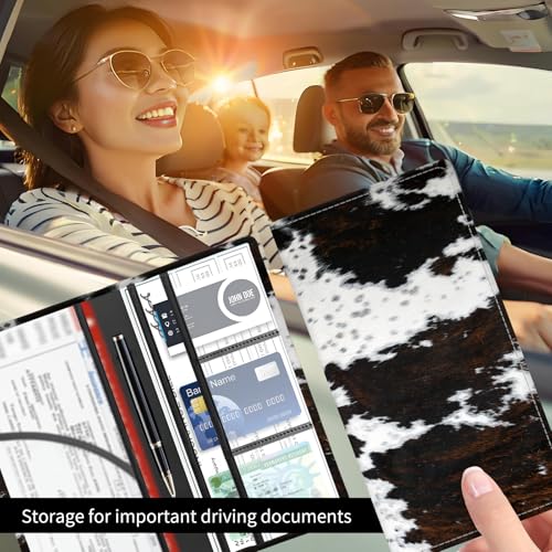Premium Car Registration and Insurance Card Holder, Cute PU Leather Car Document Holder, Vehicle Glove Box Car Organizer with Magnetic Closure for Driver License, Cards Brown White Cowhide - color: Brown White Cowhide