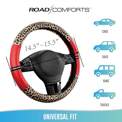 Road Comforts Leopard Steering Wheel Cover for Women, Cute Anti-Slip Microfiber Leather, Universal Fit 14.5-15 Inch Round Steering Wheel - Red - color: Round Red