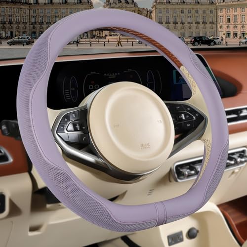 Nappa Leather Purple D Shape Steering Wheel Cover, Advanced Microfiber Leather Non-Slip Breathable Fabric, Warm in Winter and Cool in Summer, Universal 15 inch - color: Purple, size: D Shape-M[14.5''-15'']