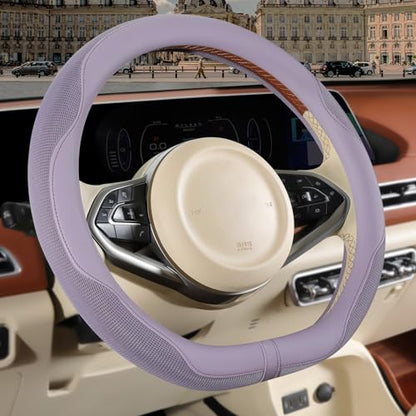 Nappa Leather Purple D Shape Steering Wheel Cover, Advanced Microfiber Leather Non-Slip Breathable Fabric, Warm in Winter and Cool in Summer, Universal 15 inch - color: Purple, size: D Shape-M[14.5''-15'']