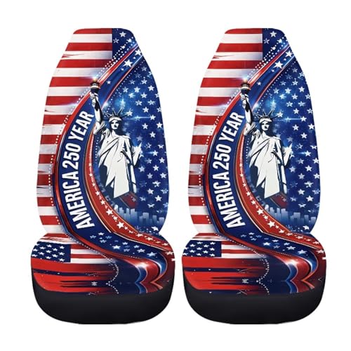 Dreaweet 250th Anniversary Car Seat Covers Front Seats Only Universal 2 Pack Statue of Liberty American Flag Print Bucket Seat Covers for SUV Trucks Sedan Patriotic Car Accessories Easy to Install - color: 250th Anniversary Statue of Liberty