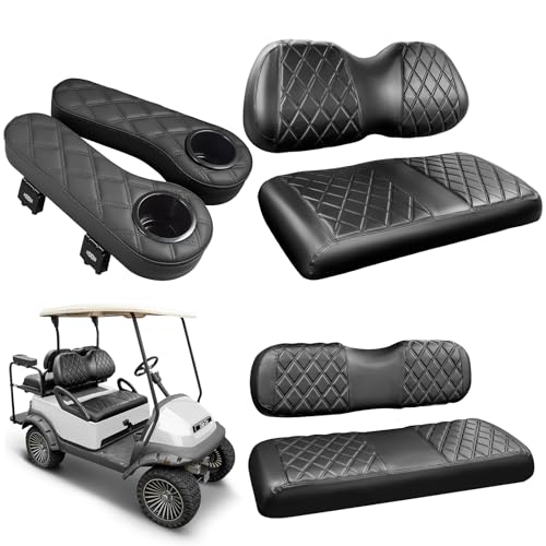 Golf Cart Seat Covers for Club Car Precedent, Vinyl Front&Rear Seat Cover with Flip-Up Armrests kit, with Cup Holder, for 1" Square Tube (Black&Black Stitching)