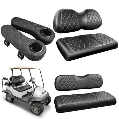 Golf Cart Seat Covers for Club Car Precedent, Vinyl Front&Rear Seat Cover with Flip-Up Armrests kit, with Cup Holder, for 1" Square Tube (Black&Black Stitching)