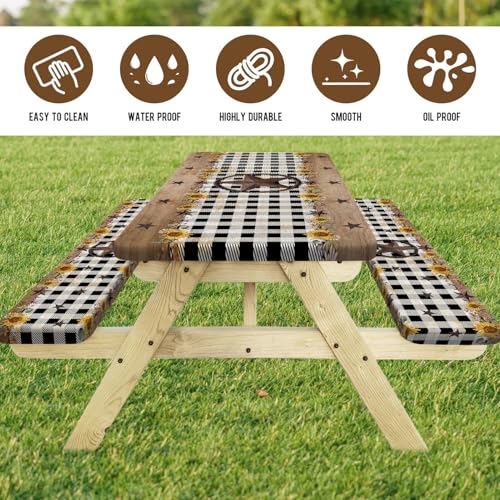 Retro Texas Star Picnic Table Cover with Bench Covers Waterproof Windproof Elastic Fitted Outdoor Camping RV Tablecloths with Drawstring Bag Reusable Rectangle Tables and Seats Cover 30X72IN - color: Black, size: 30" x 72" (Rectangular)