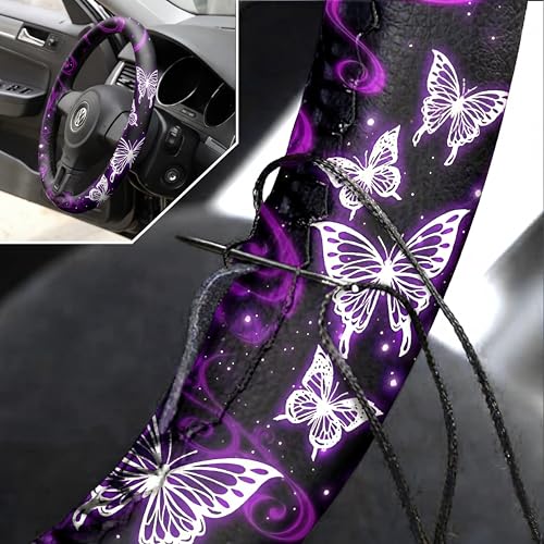 Butterfly Seat Full Set for Women Butterfly Universal Car Accessories Rubber Steering Wheel Cover License Plate Frame Mirror Covers 26 Pcs Fit Car SUV Auto(Purple Style)