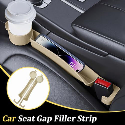 2PCS Car Seat Gap Filler, Soft Carbon Fiber Vehicle Between Seat and Console Organizer with Cup Holder, Prevent Falling Automotive Interior Chair Gap Plug, Universal Fit (Beige) - color: Beige