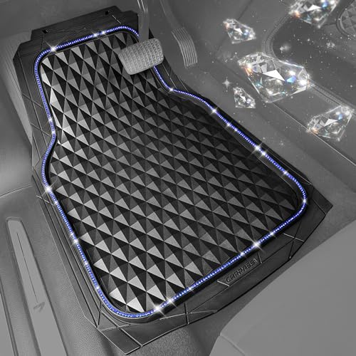 CAR PASS Bling Diamond Rubber Car Mats, Heavy Duty Deep Dish All-Weather Floor Mat Full Set Anti-Slip 3D Rhombus Waterproof Trim to Fit Liner Universal Glitter Sparkly Shining Rhinestone, Black Blue - color: Blue Diamond