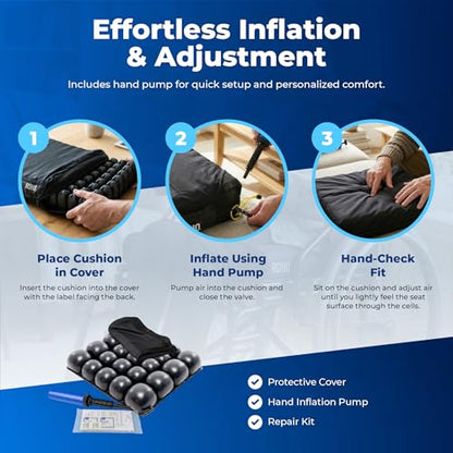 Roho Mosaic Seat Cushion 18” x 16” Inflatable Air Cell Design, Adjustable Firmness, Non-Skid Cover, Lightweight Portable Cushion for Wheelchair, Office Chair, Car & Home - size: 18" x 16"