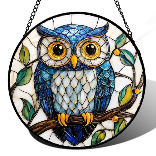 DASTOLL Stained Glass Window Hanging, Owl Gifts for Women Sun Catchers Diamond Glass Panel Hangings Birds Suncatcher Decor for Birthday for Women, Men, Wife, Aunt, and Mom 14.9x14.9 in - color: Blue, size: 14.9x14.9 IN