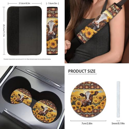 Sunflower Cow Car Seat Covers Full Set 11pcs Cow Car Accessories with Cow Auto Steering Wheel Cover Seatbelt Pads Keychain Cup Holder Pads for Most Vehicle - color: Aztec Sunflower Cow