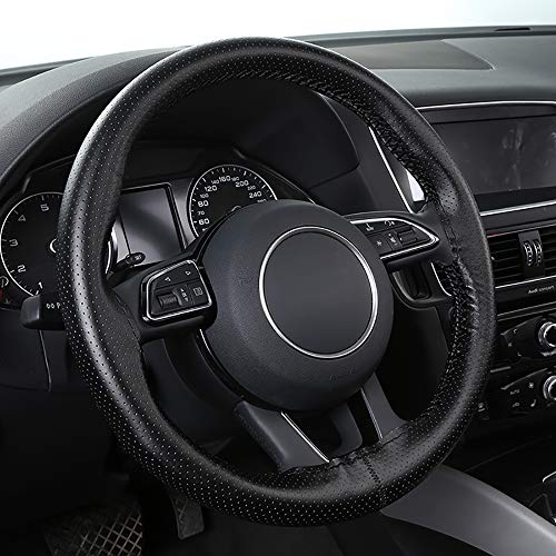 Top Genuine Leather Steering Wheel Cover with Anti-Slip Design, Soft Padding, Universal 15 Inch Auto Car Steering Wheel Stitch on Wrap - color: black thread