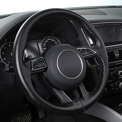 Top Genuine Leather Steering Wheel Cover with Anti-Slip Design, Soft Padding, Universal 15 Inch Auto Car Steering Wheel Stitch on Wrap - color: black thread