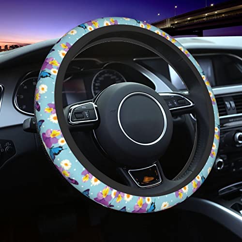 Blue Butterfly Steering Wheel Cover for Women Men with 2 Pcs Car Coasters, Universal 14.5-15 Inch Cute Steering Wheel Covers Non-Slip Car Accessories for Girls - color: butterfly
