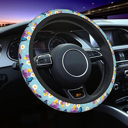 Blue Butterfly Steering Wheel Cover for Women Men with 2 Pcs Car Coasters, Universal 14.5-15 Inch Cute Steering Wheel Covers Non-Slip Car Accessories for Girls - color: butterfly