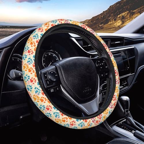 Colorful Dog Paws Print Steering Wheel Cover for Women Men, Non-Slip Steering Wheel Protector Car Wheel Covers, Universal 15 Inch Fit for Auto, Suvs, Truck - color: Colorful Dog Paws Print