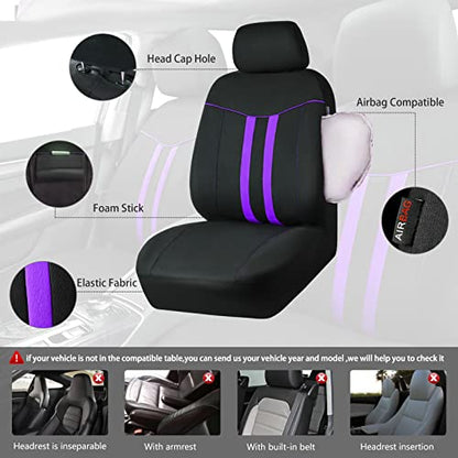 CAR-GRAND Piping Cloth Car Seat Covers Full Set, Breathable Universal Car Seat Cover, Airbag Compatible Seat Cover for Cars Trucks SUV Van Sedan (Black-Purple Strips) - color: Black-Purple