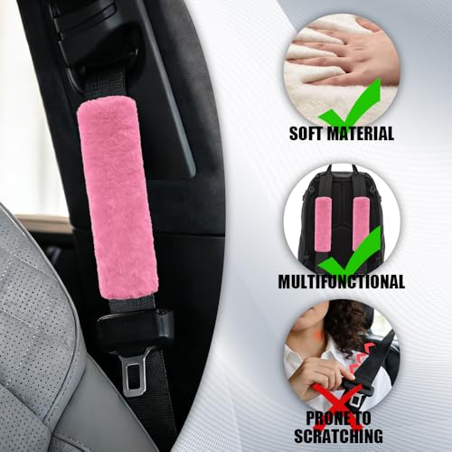 2PCS Car Seat Belt Cover Pads, Fluffy Car Seatbelt Covers, Soft & Comfortable Plush Seat Belt Cushion Protects Shoulder, Auto Safety Belt Strap Cover to Protect Your Neck (Pink) - color: Pink