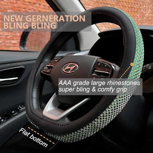 D Shaped Bling Comfy Steering Wheel Cover with Jumbo Crystal Rhinestones, Anti-Slip Diamond Leather, Flat Bottom 14.5-15 Inch (Vivid Green) - color: 910.Vivid Green, size: D Shaped/Flat Bottom[14 1/2''-15'']