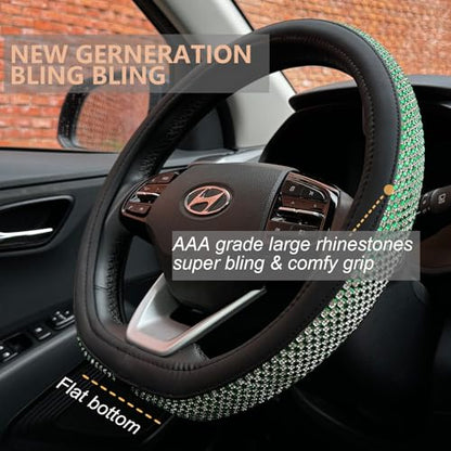 D Shaped Bling Comfy Steering Wheel Cover with Jumbo Crystal Rhinestones, Anti-Slip Diamond Leather, Flat Bottom 14.5-15 Inch (Vivid Green) - color: 910.Vivid Green, size: D Shaped/Flat Bottom[14 1/2''-15'']