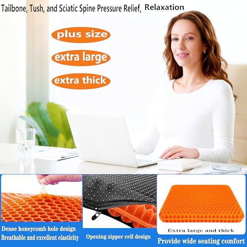 Plus Size Gel Seat Cushion for Long Sitting, Large and Thick, Breathable Support Seat Cushion for Back, Hip, Sciatica, Tailbone Pain Relief, Use for The Office, Wheelchair, Car, Recliner.(Orange)