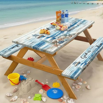 Nautical Lighthouse Beach Picnic Table Cover with Bench Covers Waterproof Windproof Elastic Fitted Outdoor Camping RV Tablecloths with Drawstring Bag Reusable Rectangle Tables and Seats Cover 30X72IN - color: Blue, size: 30" x 72" (Rectangular)