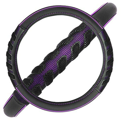 Flying Banner car Steering Wheel Cover Faux Leather Massage Universal fit 3D Honeycomb Hole Anti-Slip Sporty 15 Inches (Purple Black) - color: Purple black