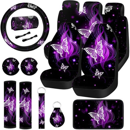 15 Pcs Butterfly Car Seat Covers Full Set Butterfly Front Rear Seat Covers Steering Wheel Cover Wrist Strap Coasters Armrest Shoulder Pads (Purple Glitter Butterfly Style)