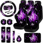 15 Pcs Butterfly Car Seat Covers Full Set Butterfly Front Rear Seat Covers Steering Wheel Cover Wrist Strap Coasters Armrest Shoulder Pads (Purple Glitter Butterfly Style)