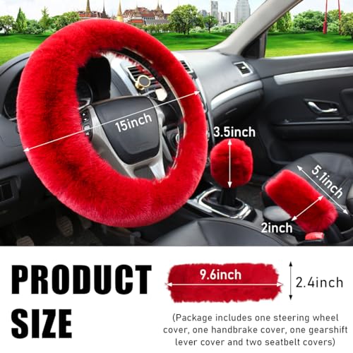 5 PCS Fluffy Steering Wheel Covers Set, Faux Wool Steering Wheel Cover & Handbrake Cover & Gear Shift Cover & 2 Seat Belt Shoulder Pads, Universal Car Accessories (Red) - color: Red